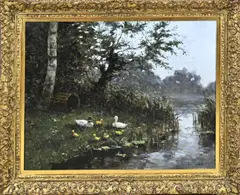 Ron Meilof, Eenden aan waterkant, Olieverf op linnen