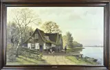 W.J. Pasman, Boerderij met boer, boerin en kippen, Olieverf op linnen
