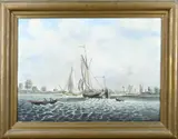 W.H. Sjerp, Riviergezicht met zeilboten, Olieverf op paneel