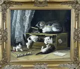 Jan Hovener, Moederpoes met spelende kittens, 1936, Olieverf op paneel