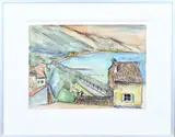 ook verso geschilderd + gesigneerd Matthieu Wiegman, Riviergezicht met huis, Aquarel op papier