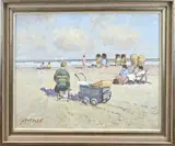 Willem Heytman, Strandgezicht met figuren en kinderwagen, Olieverf op linnen