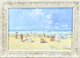 A.M. Woudstra, Strandgezicht, Olieverf op paneel