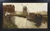 Joop Kropff, Stadsgezicht met gracht en boot., Olieverf op linnen