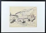 Ongesigneerd, Berglandschap met spoorbrug, Gemengde techniek op papier