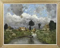 Karl Heffner, Rivierlandschap met boerderijen, Olieverf op linnen