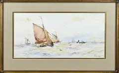 W. Stewart, Vissersboten en vissers op zee, Aquarel op papier