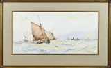 W. Stewart, Vissersboten en vissers op zee, Aquarel op papier