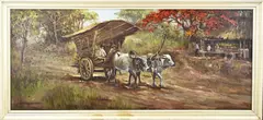 Indonesische School, Ossenkar in Indonesisch landschap, Olieverf op linnen