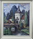 Post -Greve, 1913 -, Kasteel met brug, Olieverf op paneel