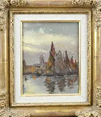R. Coulon, Zeilboten in haven, Olieverf op paneel
