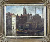 M. Misdom, Stadsgezicht Amsterdam, Damrak en toren Oude Kerk., Stadsgezicht Amsterdam, Damrak en toren Oude Kerk.Olieverf op linnen
