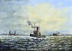 Leo Scheen, Haven van Rotterdam, Olieverf op paneel