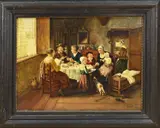 N. Beek, Boeren interieur met figuren aan eettafel, Olieverf op hardboard