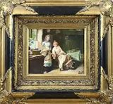 Monogram J.V., Twee dames in keuken met vogelkooi, Olieverf op paneel