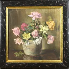Onduidelijk gesigneerd, Gemberpot met rozen, Pastel op papier