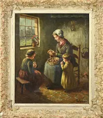 H. Van Leeuwen, Boeren interieur met moeder en kinderen, Olieverf op linnen