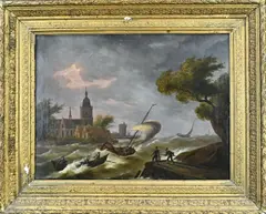 Frans Swagers, Storm bij havenmonding, Olieverf op linnen