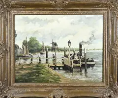 H. Berbers, Hollands havengezicht, Olieverf op linnen