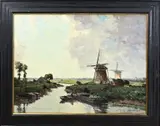 G.J. Delfgaauw, Poldergezicht met windmolens, Olieverf op linnen