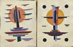 2x B. Alepkow, Avantgarde schilderij, Olieverf op papier