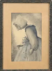 Lizzy Ansingh, Vrouw met wandelstok en bloemen, Pastel op papier