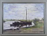 Cor Veenstra, Zeilboot in rivierbocht, Olieverf op linnen