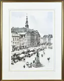 Roger Hebbelinck, Stadsgezicht met markt, Kleurets op papier