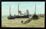 L. Valckenaere, Strandgezicht met platbodems, Olieverf op linnen