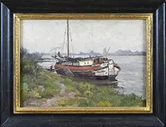 Gerard Adolf Mangold, Groninger botter op het Boterdiep, Olieverf op schilderskarton