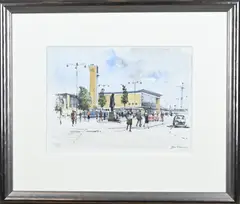 Jan Korthals, Busstation met figuren, Aquarel op papier