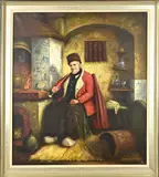P. van Kempen, Hollands interieur met rokende visser, Olieverf op linnen
