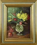 H.F. ter Beek, Glazen vaas met bloemen, Olieverf op paneel