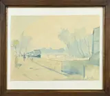 Jan van Heel, Stad met rivier, figuren en brug, Aquarel op papier