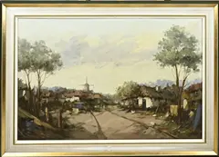 H. Koolen, Dorpsgezicht met windmolen, Olieverf op linnen
