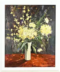 Th. den Hartogh, Vaas met gele bloemen, Olieverf op linnen