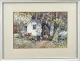 Adriaan Keus, Boerderij met kippen, Aquarel op papier