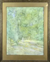 Willem Hendrik Eickelberg, Bosgezicht met moeder en kind, Aquarel op papier