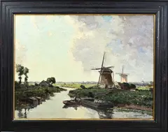 Poldergezicht met windmolens by G.J. Delfgaauw, Olieverf op linnen, offered Jan 2024