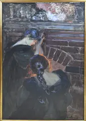 Hans von Bartels, Twee meisjes bij haardvuur, Gouache op papier