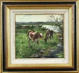 Dirk van Haaren, Kalveren in weiland, Olieverf op schilderskarton