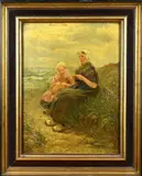 Edith Hume, Handwerkende moeder met kind in de duinen, Olieverf op paneel