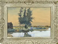 Anton Smeerdijk, Riviergezicht met wasvrouw, Gouache op papier