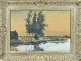 Anton Smeerdijk, Riviergezicht met wasvrouw, Gouache op papier