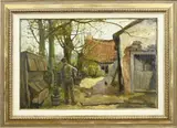 Adriaan la Rivière, Boerderij met boer en kippen, Olieverf op linnen