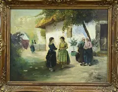 V. Sedas?, Vrouwen voor boerenhuis, Olieverf op linnen