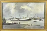 C. v.d. Zwalm, Havengezicht Amsterdam, Olieverf op linnen