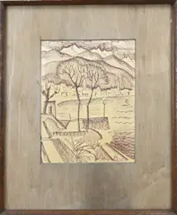 Chris de Moor, Berglandschap met dorp, Krijt op papier