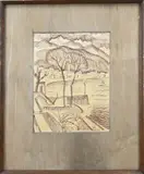 Chris de Moor, Berglandschap met dorp, Krijt op papier