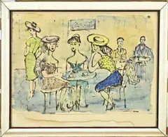 Onduidelijk monogram, Terras met figuren, Aquarel op papier